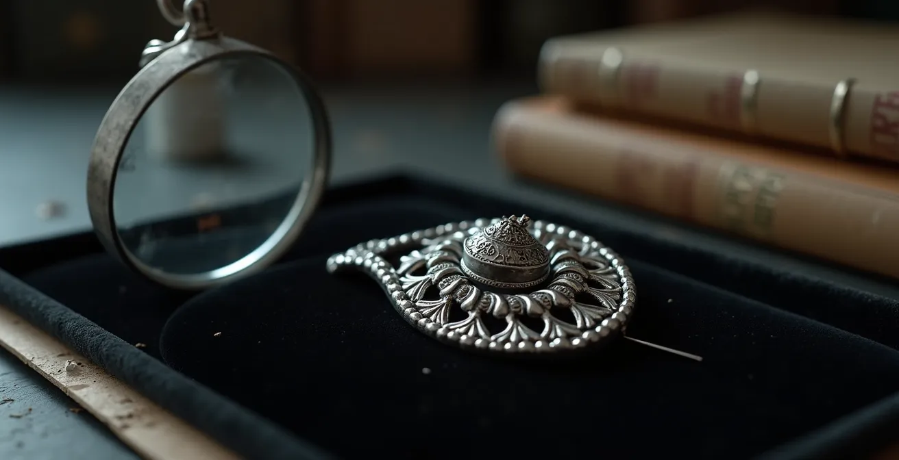 Nahaufnahme: Eine antike silberne Brosche liegt auf schwarzem Samtstoff. Eine Vergrößerungslupe zeigt im Detail die Silberpunze – ein Halbmond mit Krone und die Zahl '835' – deutlich sichtbar.