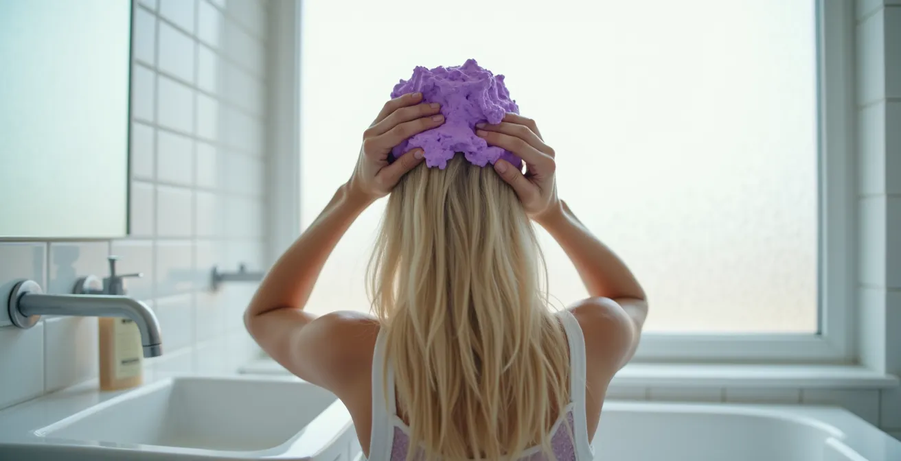 Hände die violettes Shampoo in blondes Haar einmassieren