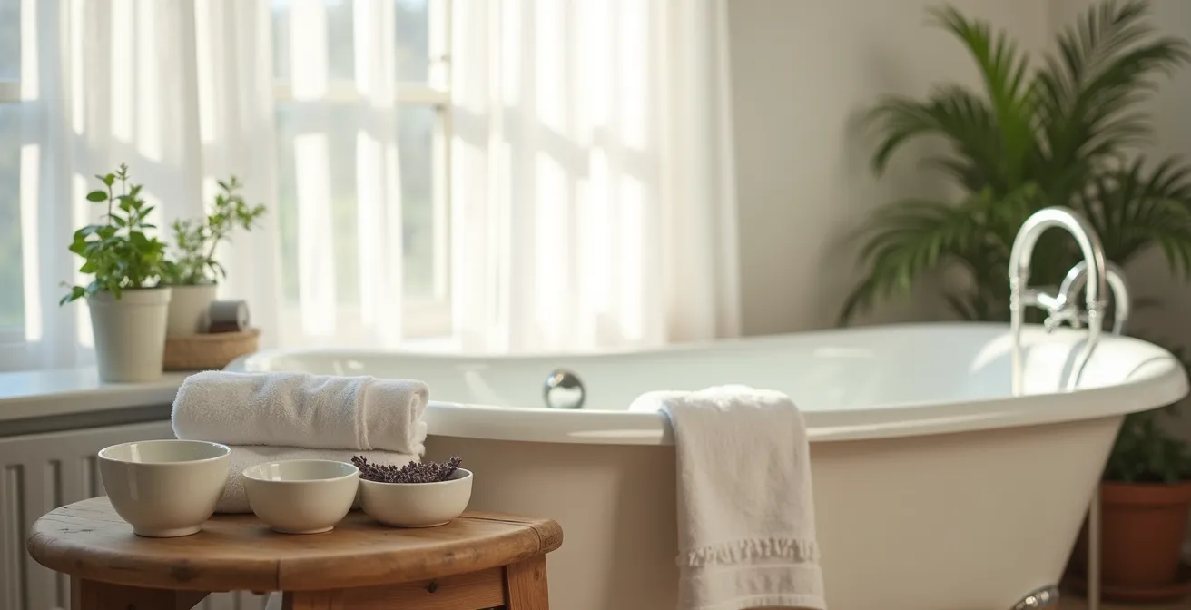 Gemütliche Wellness-Ecke mit Haarpflegeprodukten für das Sonntagsritual