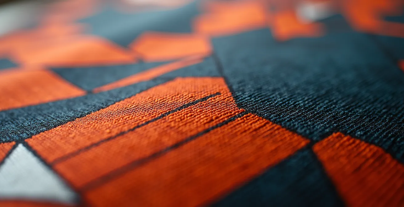 Detaillierte Close-up-Fotografie eines mutigen geometrischen Musters auf hochwertigem Stoff, Licht spielt in den Strukturen