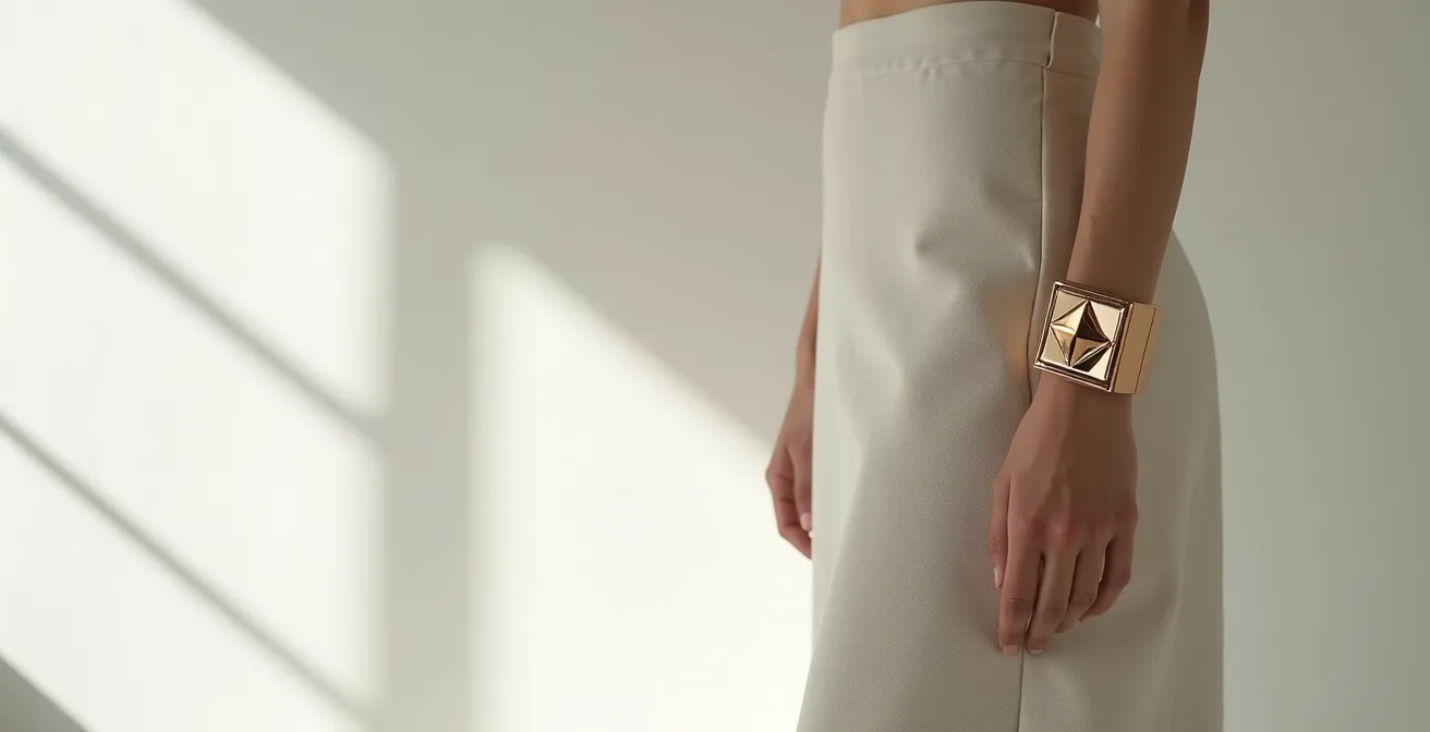 Nahaufnahme eines minimalistischen Statement-Schmuckstücks auf einem schlichten Baumwollkleid, demonstrierend wie negative Raum den Schmuck hervorhebt