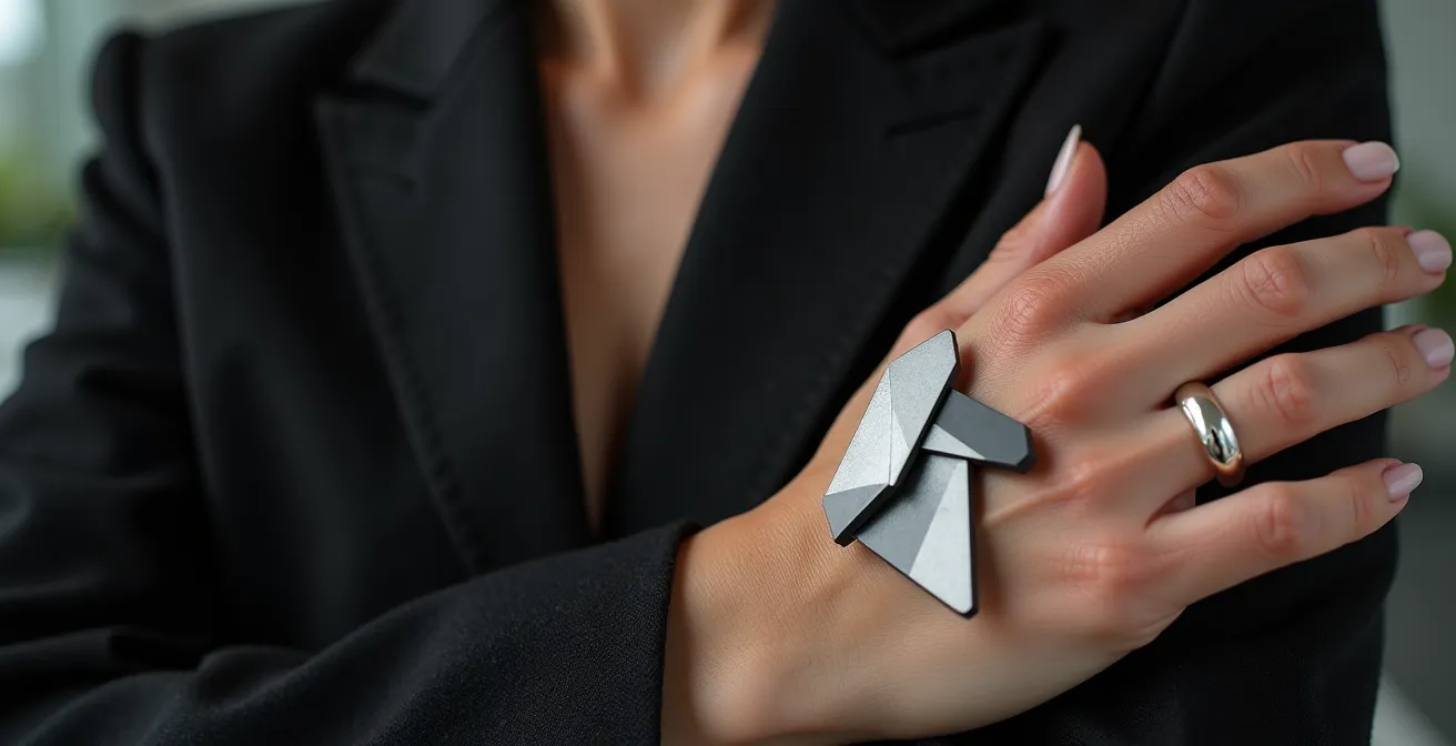 Nahaufnahme von minimalistischem geometrischem Schmuck an einer Geschäftsfrau in Deutschland