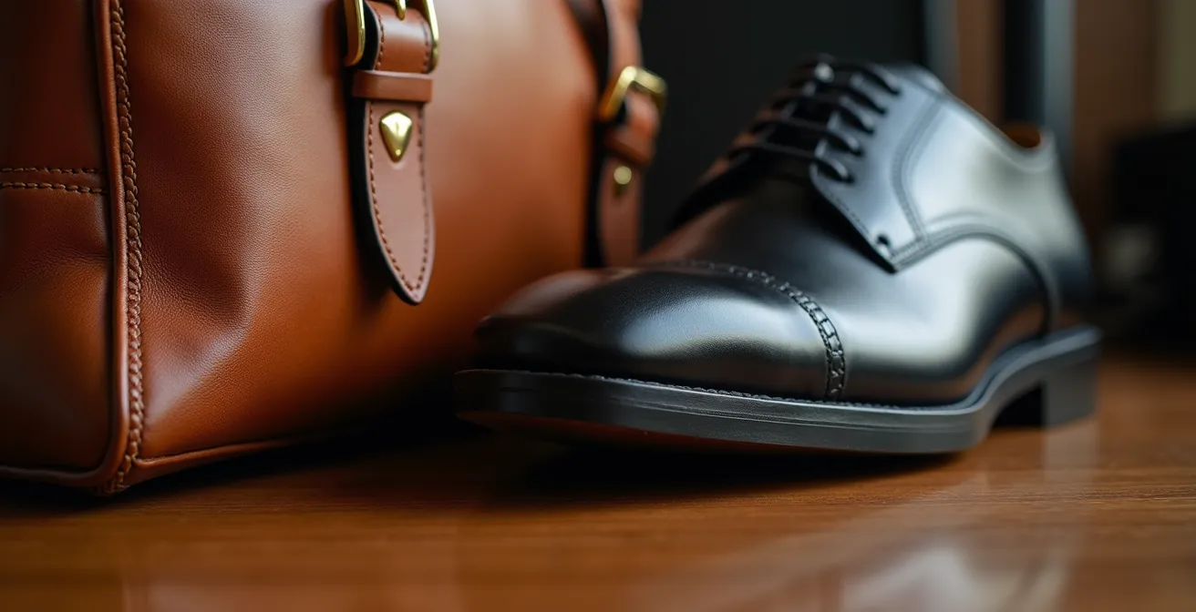 Detail einer hochwertigen Businesstasche und eleganten Schuhen in dezenten Farben, die Souveränität und Qualität symbolisieren.