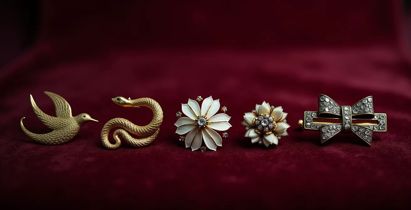 Arrangement verschiedener antiker Broschen mit symbolischen Motiven auf antikem Samt