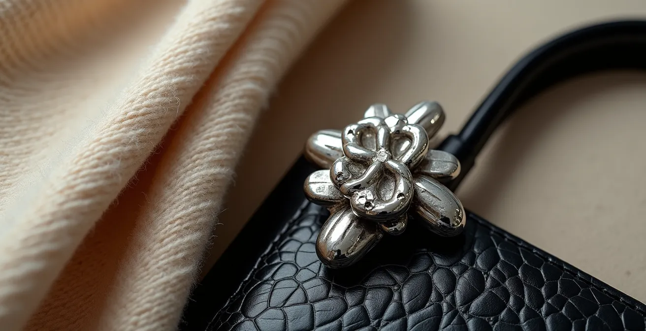 Nahaufnahme von strukturiertem Accessoire wie Silberschmuck neben neutraler hochwertiger Kleidung mit architektonischem Detail