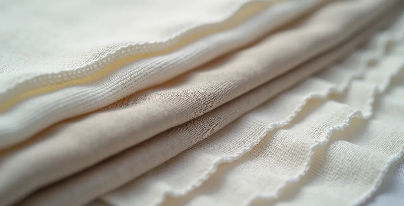 Nahaufnahme verschiedener Texturen (Wolle, Leinen, Seide) in derselben neutralen Farbe, zeigend wie Haptik Tiefe schafft
