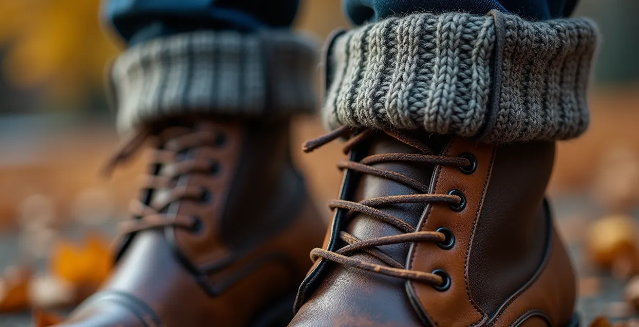 Detailaufnahme einer durchdachten Layering-Kombination aus Seidenbluse, hochwertigem Strickcardigan und robusten Boots, die für Hamburger Herbst geeignet ist, mit Makro-Texturdetails