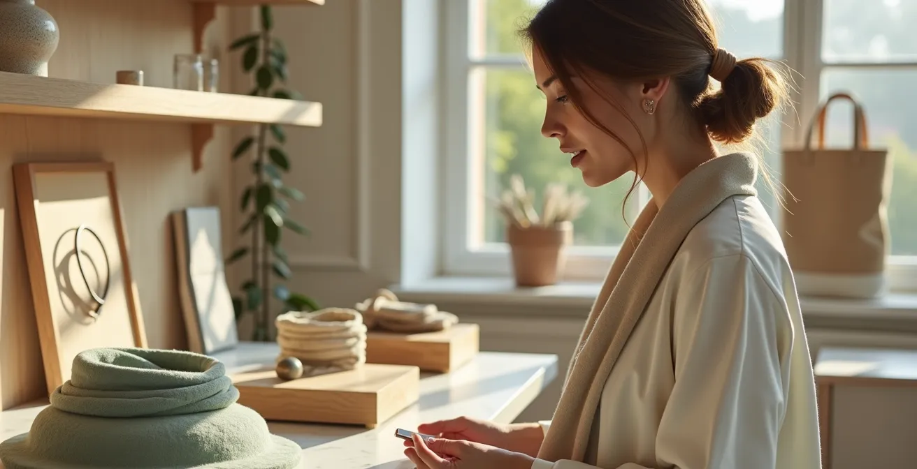 Eine stilvolle Frau in minimalem Design bewundert modetrends in einem hellen, luftigen Raum mit negativer raumgestaltung, weiche boho-akzente und elegante accessoires in erdtönen.