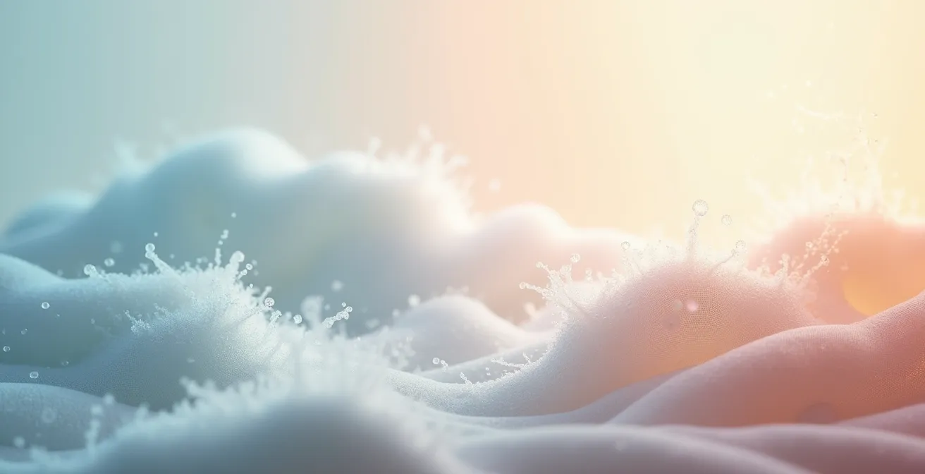 Minimalistische Darstellung verschiedener Umweltfaktoren, die die Haut beeinflussen: Kälte, trockene Luft und Stofffasern.