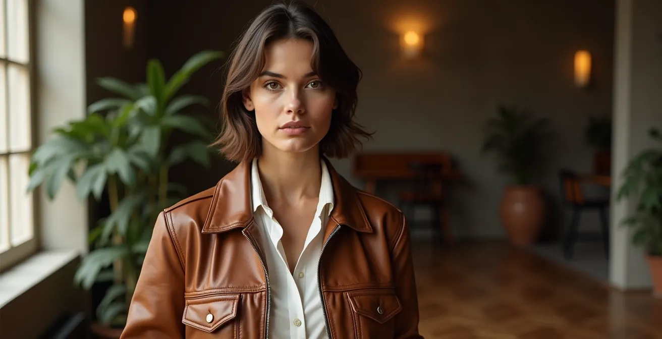 Editorial Fotografie einer modernen Frau in Vintage-Mode: Sie trägt eine oversize Lederjacke aus den 80ern mit sichtbaren Gebrauchsspuren, darunter ein minimalistisches weißes Baumwoll-Hemd. Die Jacke ist geöffnet und zeigt hochwertige, sichtbare Verarbeitung. Die Frau blickt direkt in die Kamera mit selbstbewusstem Ausdruck. Im Hintergrund: verschwommene Textur eines modernen Interiors mit natürlichem Licht. Ihre Hände sind an den Taschen sichtbar, zeigen feine Details wie minimalistischen Silberschmuck. Das Bild strahlt Zeitlosigkeit, Individualität und bewusstes Konsumverhalten aus.