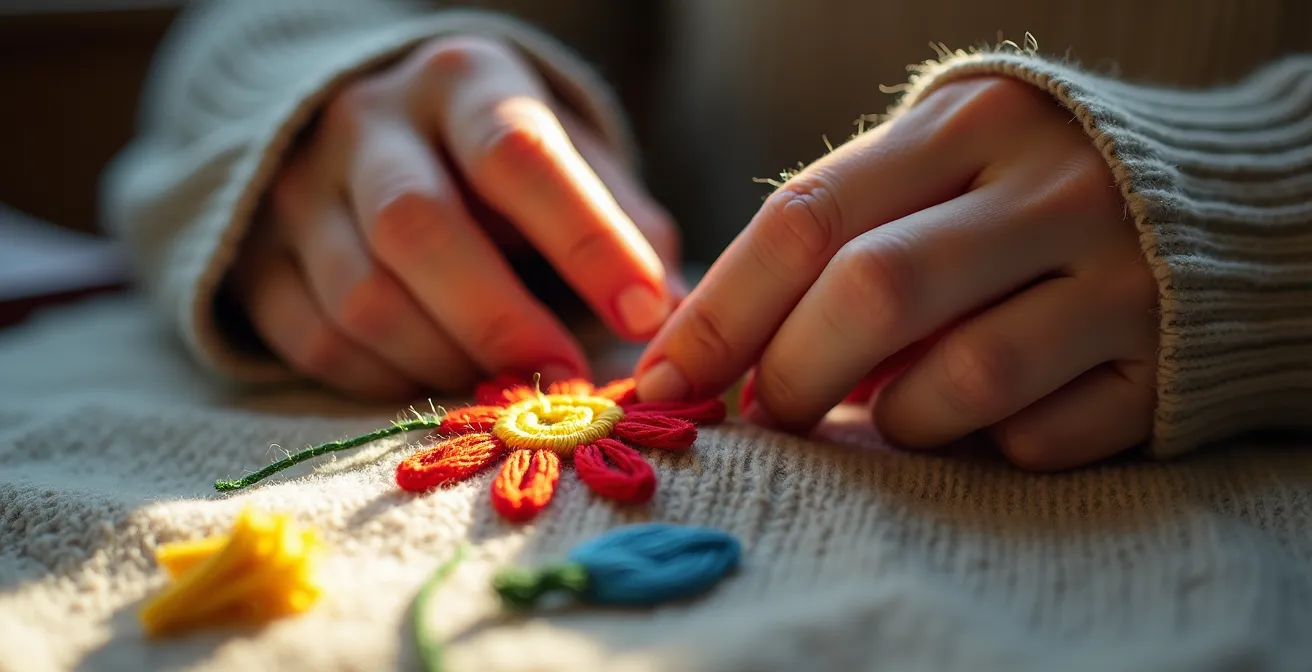 Hände beim kunstvollen Sticken einer bunten Blume über einem reparierten Loch in einem Wollpullover