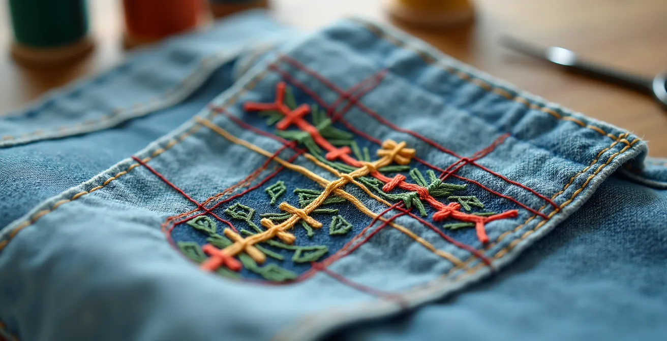 Makroaufnahme: Ein hellblauer Jeansstoff mit sichtbarem Loch. Daneben liegt eine feine, bunte Stickerei – rote und gelbe Sashiko-Stiche in geometrischen Mustern – die das Loch überdeckt und in ein kunstvolles Kunstwerk verwandelt. Die Nähte sind fein und präzise und zeigen handwerkliche Geschicklichkeit.
