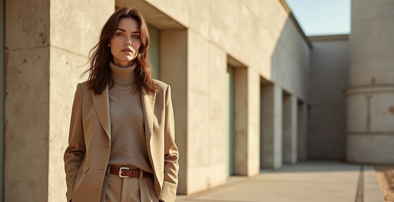 Eine elegante Frau in zeitloser, minimalistischer Garderobe, bestehend aus hochwertigen Basics und subtilen Trendteilen, vor architektonischem Hintergrund mit deutschen Pastelltönen