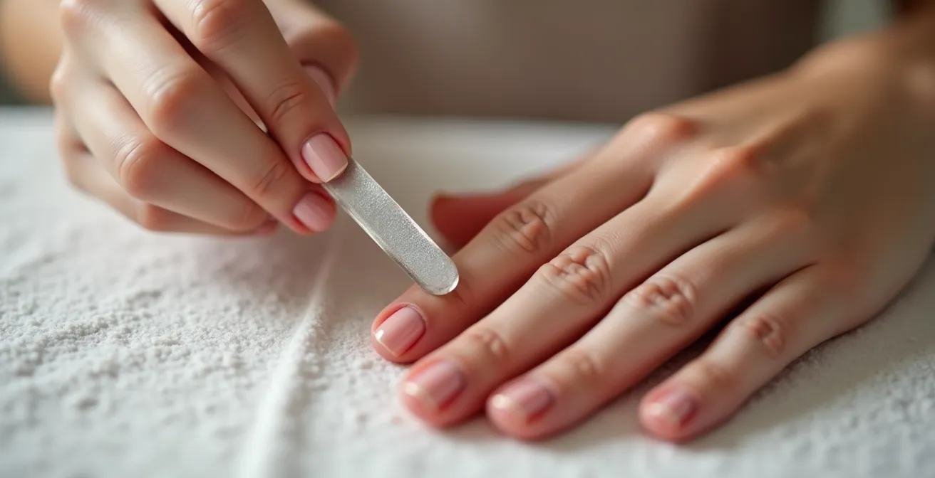 Detailaufnahme der korrekten Feiltechnik von außen zur Mitte an einem Fingernagel