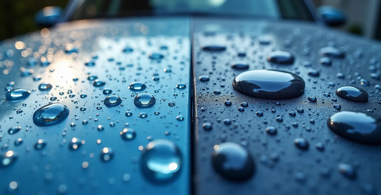 Visuelle Gegenüberstellung: Links Wassertropfen, die auf einer behandelten Oberfläche abperlen (wasserabweisend), rechts eine undurchdringliche Membran, die Wasser blockiert (wasserdicht).