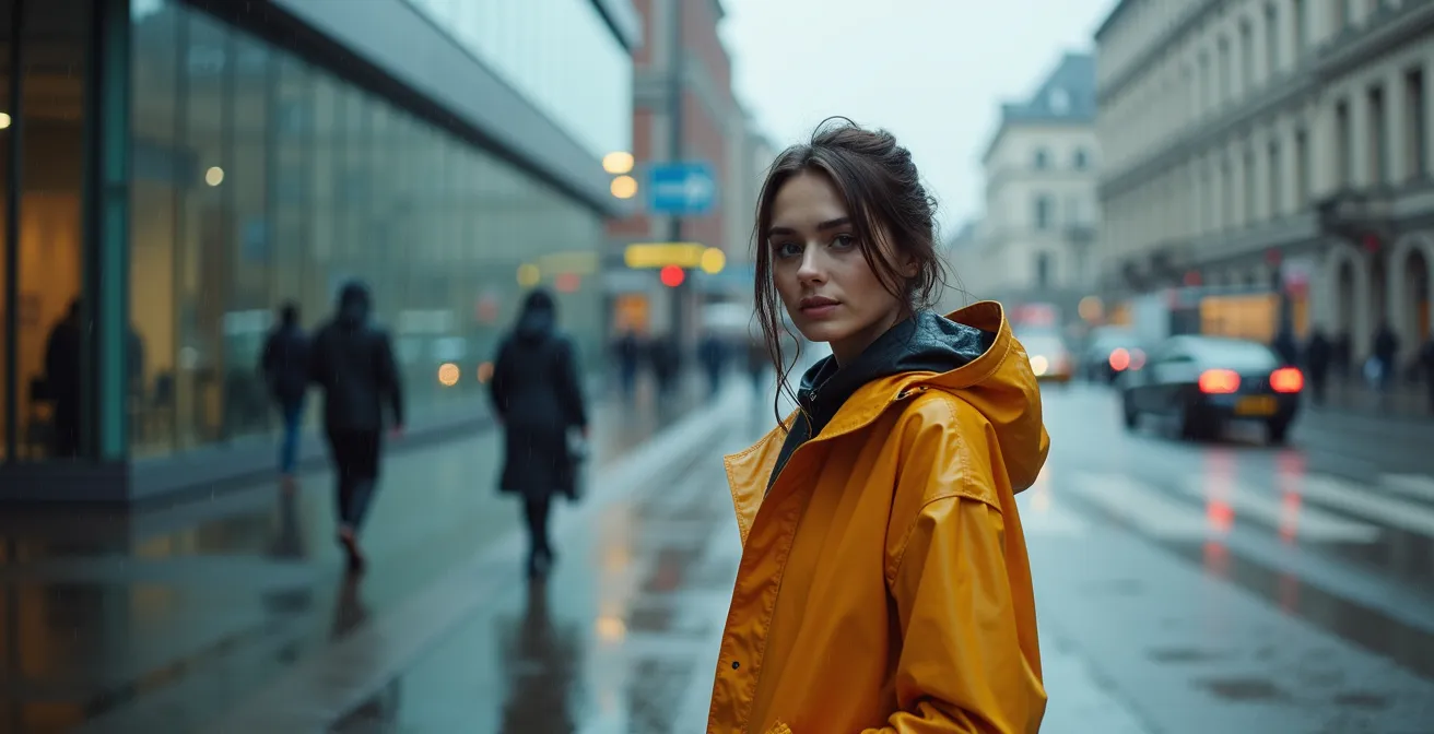 Frau in stylischem Regenmantel mit modernem Design bei wechselhaftem Wetter in urbaner Umgebung