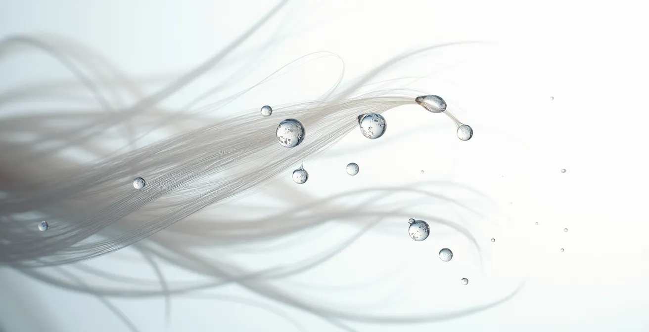 Wassertropfen auf einer Haaroberfläche, in denen symbolisch Mineralablagerungen sichtbar sind