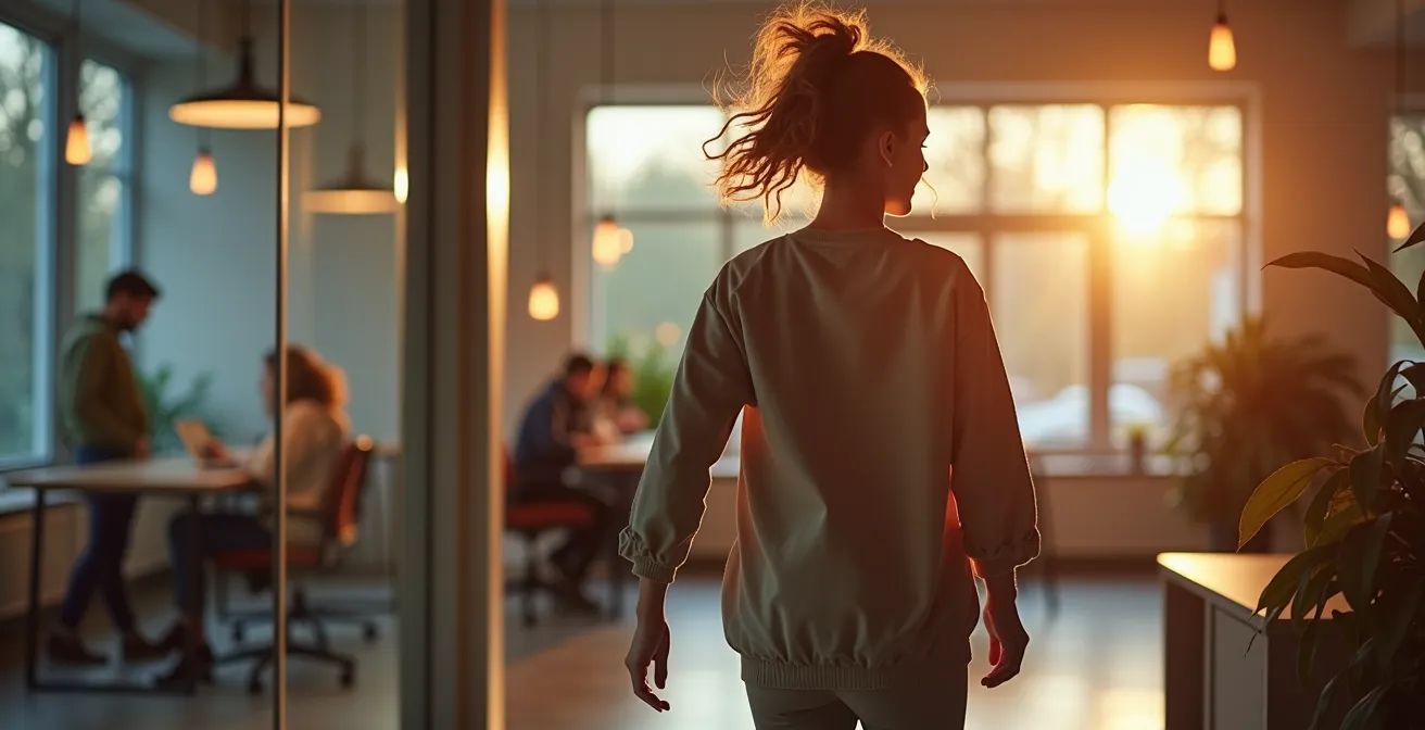 Moderner Mixed-Shot einer berufstätigen Mutter mit praktischer, funktionalar Garderobe in alltagstauglichen Situationen