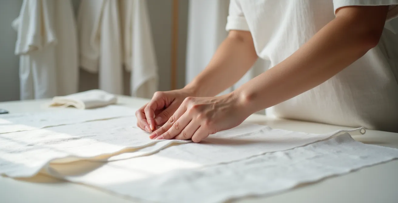 Ein Nähtisch in einem minimalistischen Berliner Atelier mit Schnittmustern, Scheren und Baumwolltextilien, durchdrungen von Tageslicht. Nahtlose, fertige weiße Kleidungsstücke hängen an minimalistischen Holzbügeln, zeigen keine sichtbaren Nähte.