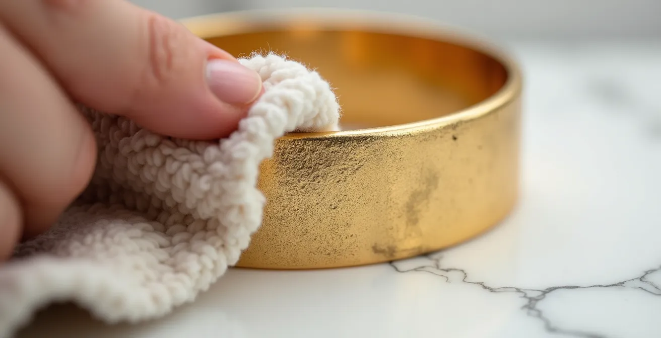 Makroaufnahme der sanften Reinigung eines goldenen Statement-Armreifs mit einem weichen Tuch.