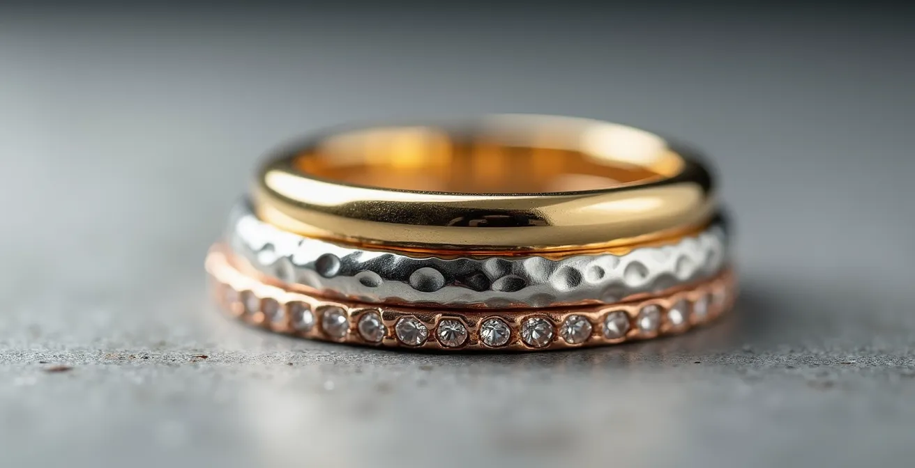 Makroaufnahme dreier übereinander gestapelter Ringe mit unterschiedlichen Oberflächen