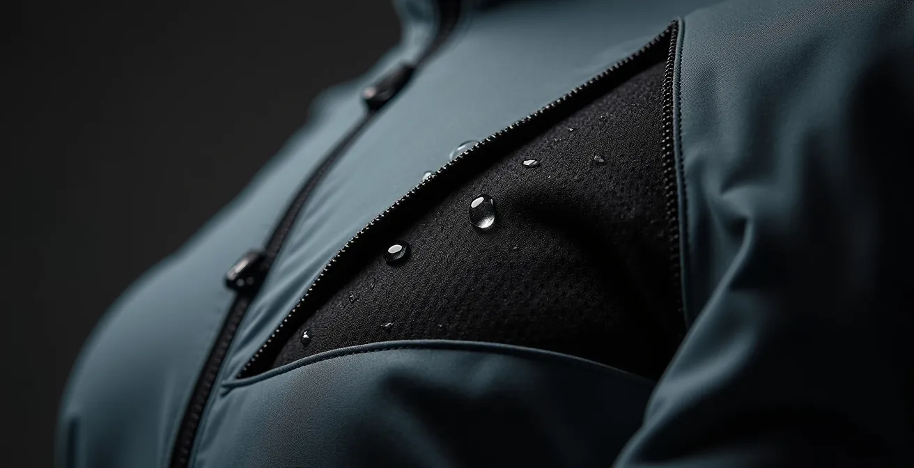 Nahaufnahme von Belüftungsreißverschlüssen an technischer Fahrradbekleidung