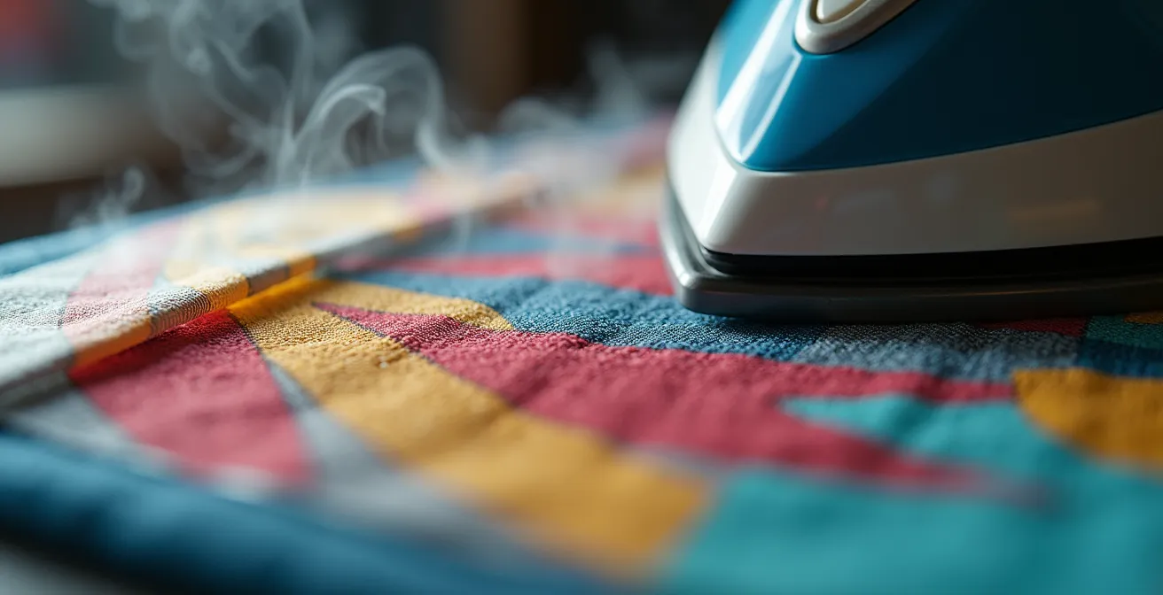 Nahaufnahme eines Bügeleisens, das ein buntes Motiv auf Stoff überträgt
