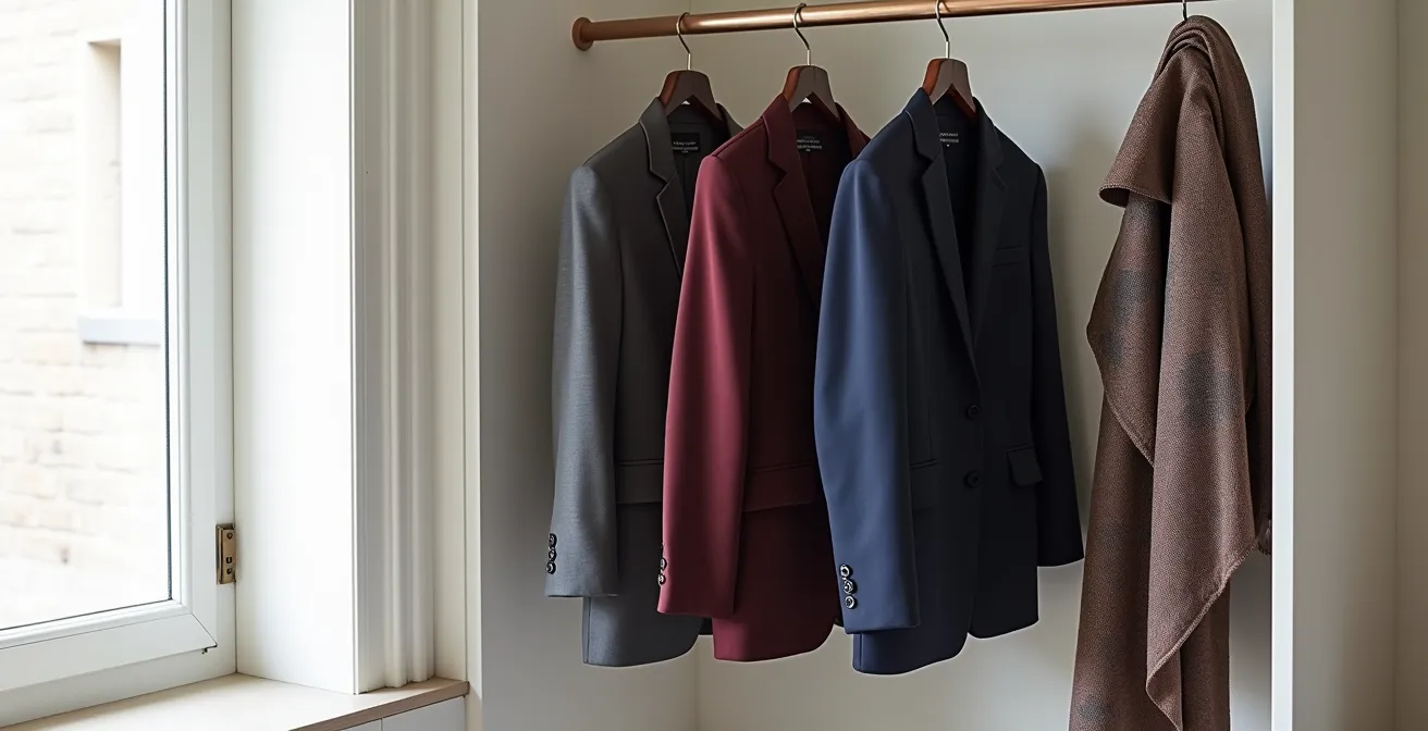 Professionelle Auswahl neutraler Blazerfarben, die elegant mit gemusterten Blusen kombiniert werden.