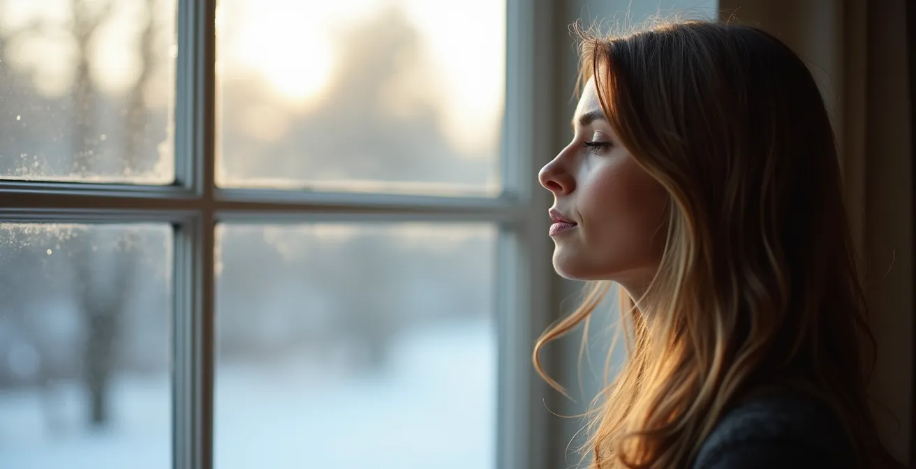 Gestresste Person bei einer Entspannungsübung am Fenster, mit einer symbolischen Darstellung der Haarfollikel und dem Stresshormon Cortisol.