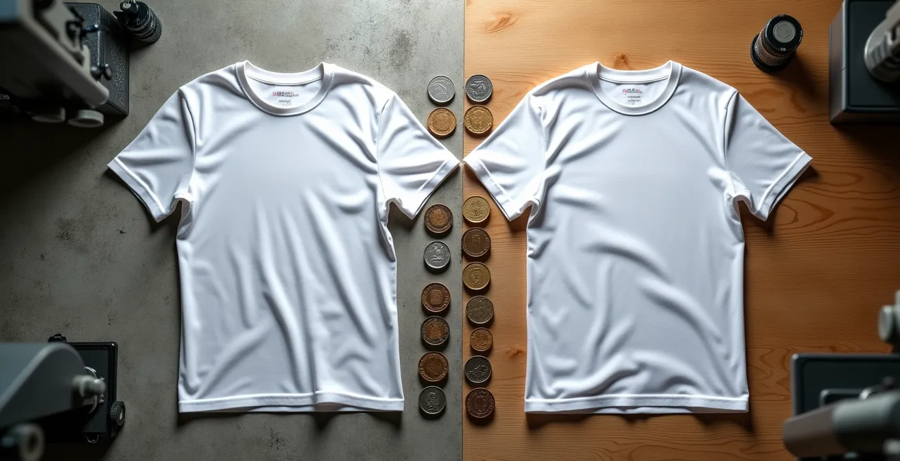 Ein visueller Vergleich der Kosten pro Tragen zwischen einem billigen Fast-Fashion-T-Shirt und einem langlebigen, nachhaltigen T-Shirt.