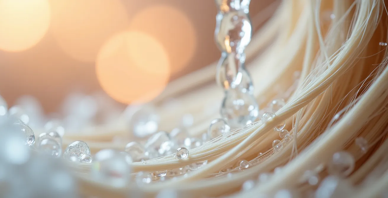 Nahaufnahme von blonden Haarsträhnen, die unter klarem Wasser gespült werden und die Textur der Haarkutikula zeigen.