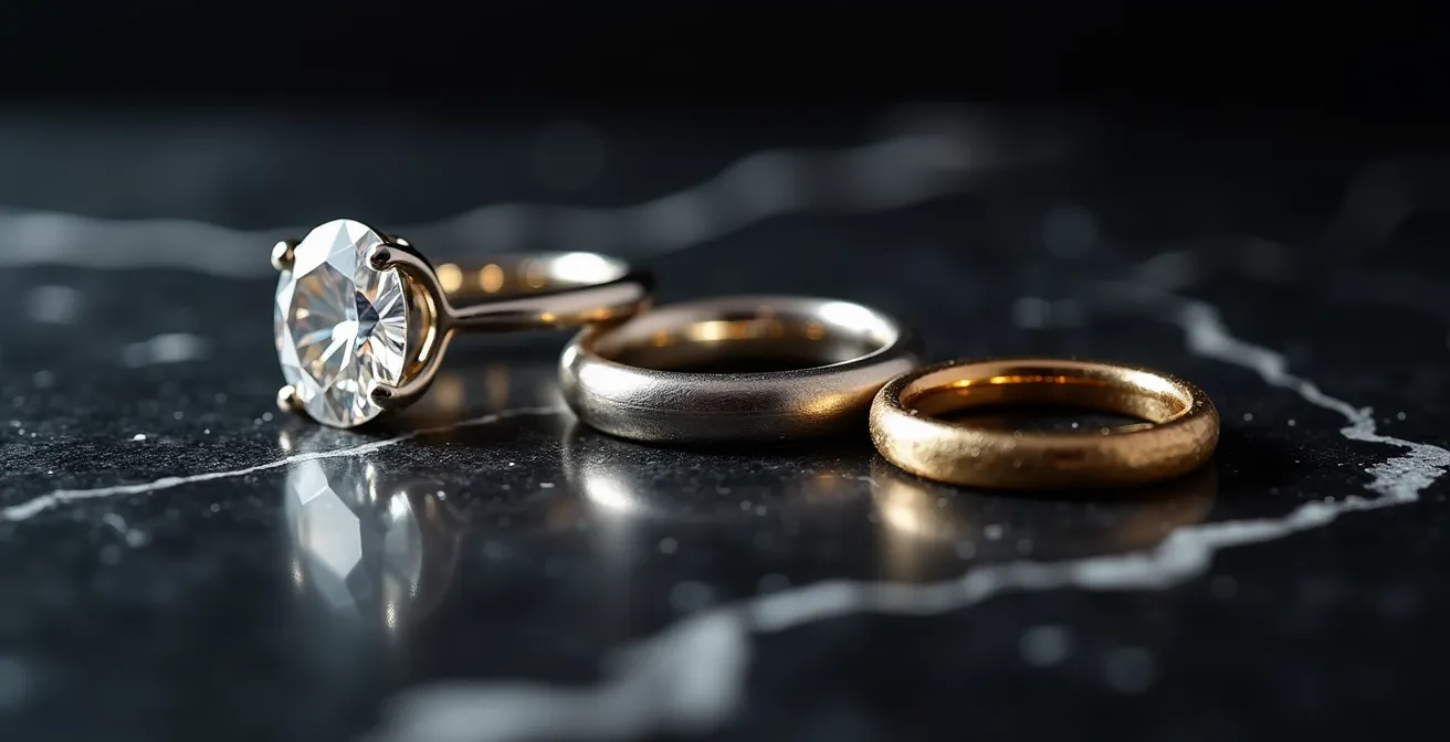 Seitliche Nahaufnahme von drei Ringen mit sichtbarem Puffer-Ring zwischen Diamantring und glattem Ring