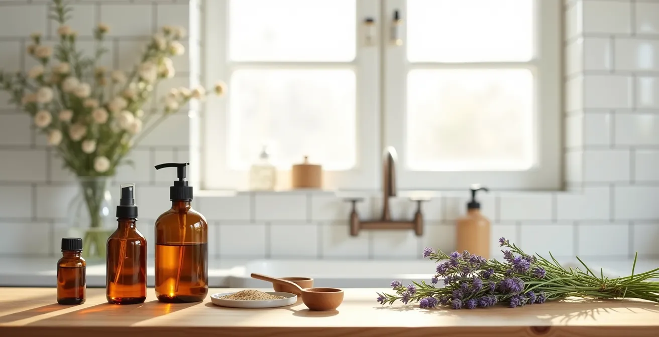 Arrangement von Glasflaschen und natürlichen Zutaten für selbstgemachtes Körperöl