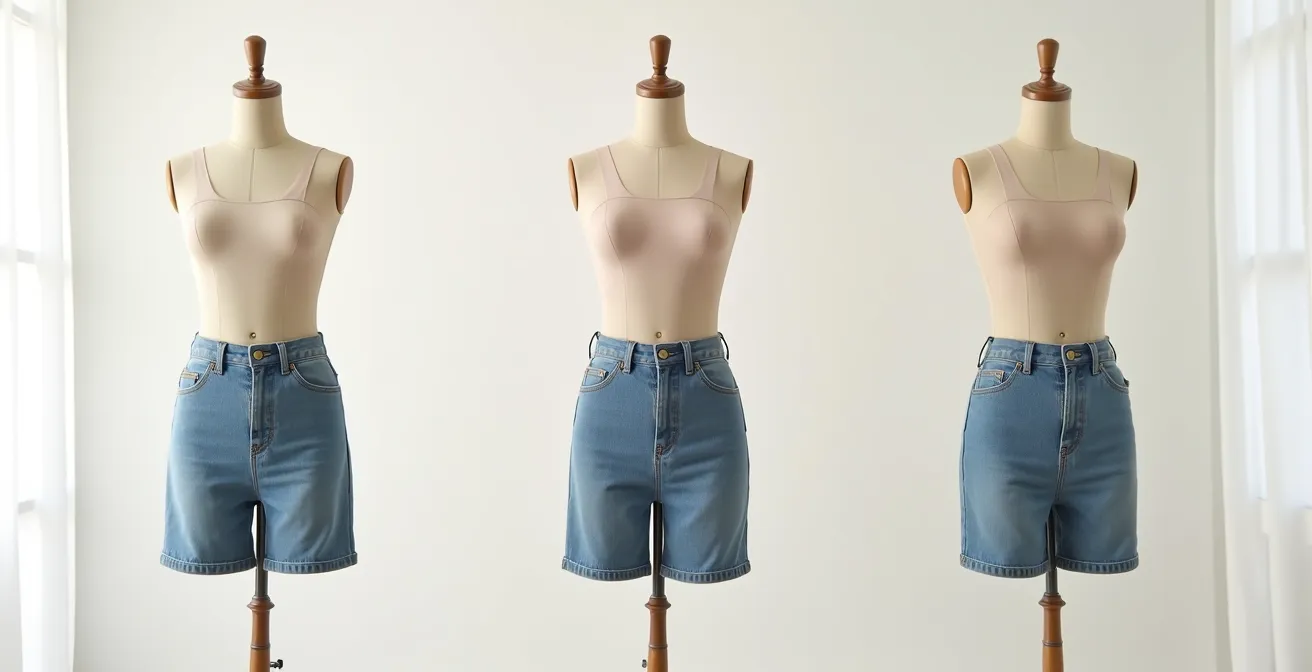 Visuelle Darstellung der Drittel-Regel bei High-Waist-Schnitten, die verschiedene Proportionen an Mannequins zeigt.