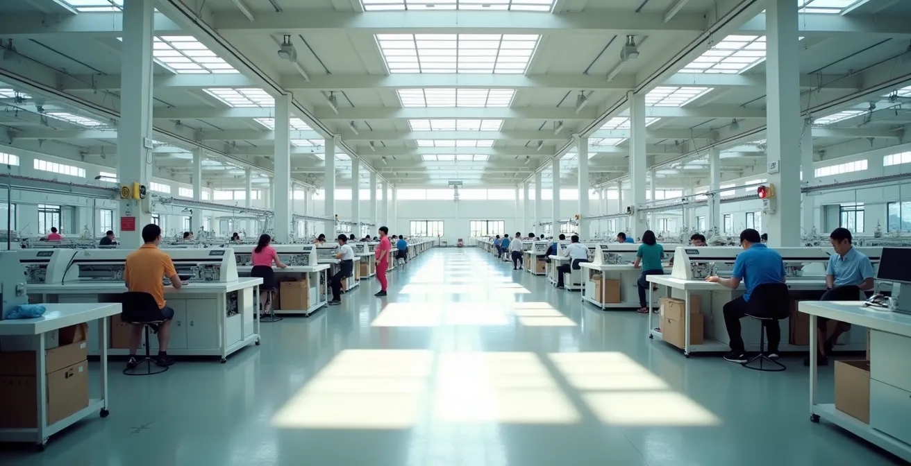 Weitwinkelaufnahme einer modernen Textilfabrik mit Arbeiterinnen und Qualitätskontrolle