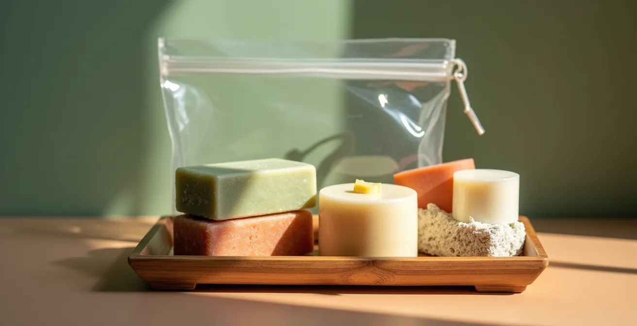 Umweltfreundliche feste Kosmetikprodukte elegant arrangiert für die Geschäftsreise