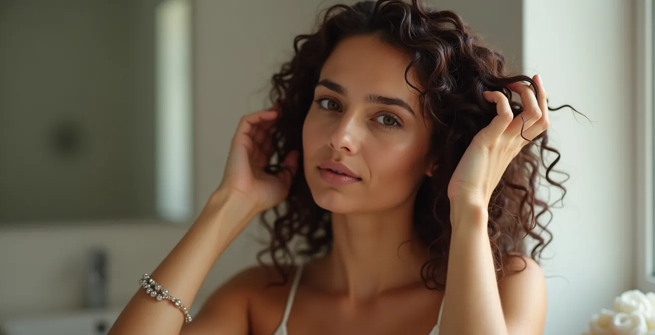 Nahaufnahme von Händen beim schonenden Entwirren nasser Locken