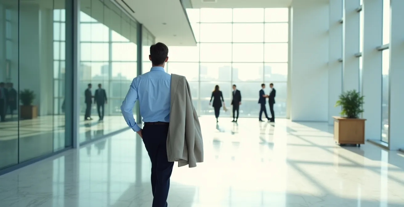 Geschäftsmann mit Sakko über dem Arm in modernem Bürogebäude