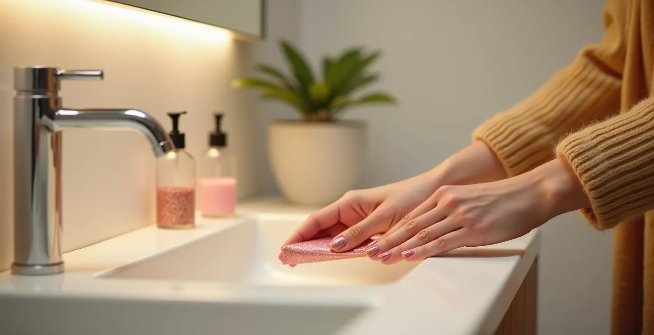 Nahaufnahme von Frauenhänden, die elegant ein Stück Glitzernagellack in einem Stück vom Nagel abziehen, dank einer Peel-Off-Basis.