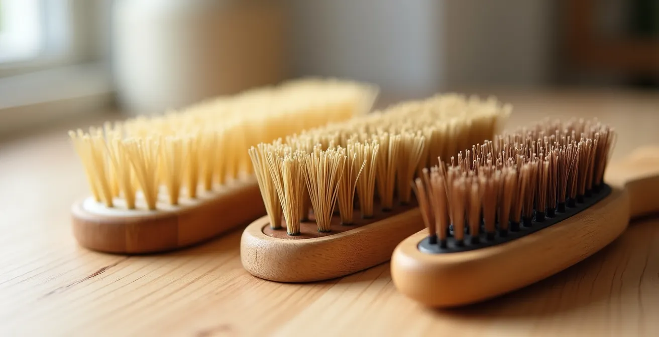 Nahaufnahme verschiedener Haarbürsten auf hellem Holz