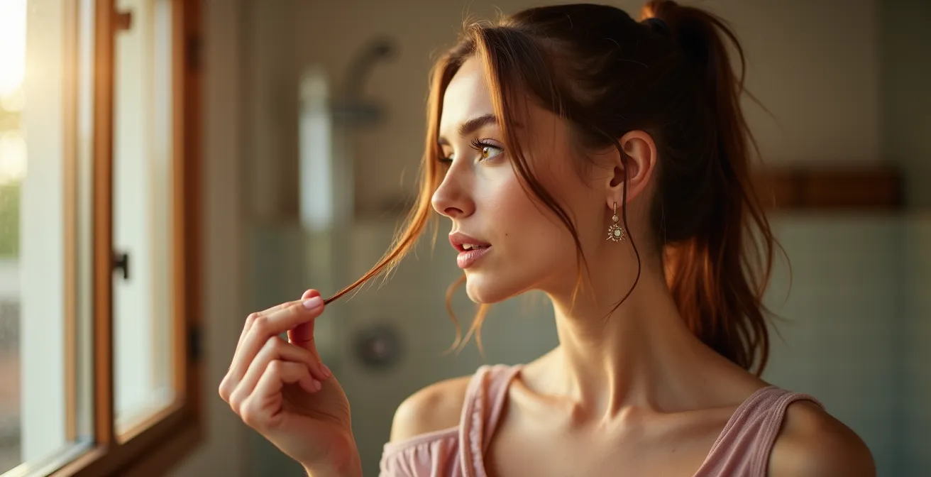 Profilansicht einer Frau, die nachdenklich die Textur ihres Haares in einem hellen, deutsch anmutenden Badezimmer prüft.