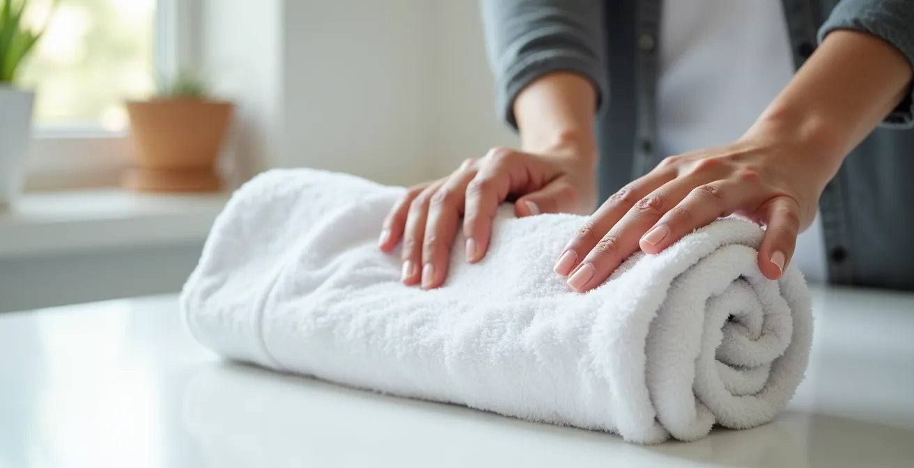 Demonstration der Handtuch-Roll-Technik zum schonenden Entwässern von Funktionskleidung