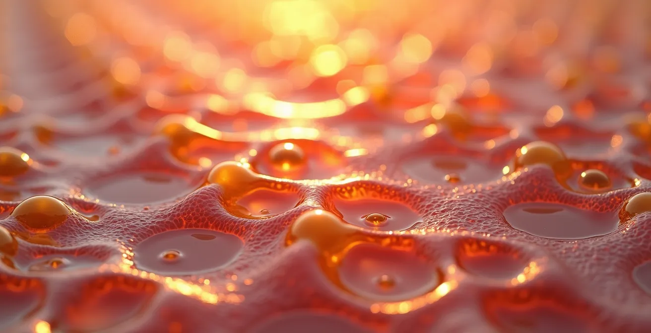 Makroaufnahme der Hautstruktur, die das Prinzip von Hautzellen als Ziegel und Lipiden als Mörtel veranschaulicht.