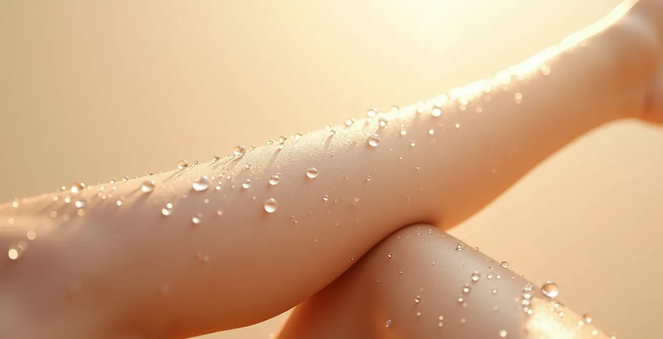 Nahaufnahme von gut durchfeuchteter, praller Haut mit sichtbarem Glanz