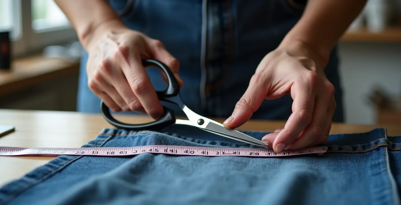 Hände mit Stoffschere beim präzisen Abschneiden eines Jeanssaums mit Maßband