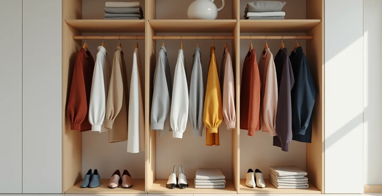 Aufgeräumter Kleiderschrank mit nach Farben sortierten Kleidungsstücken