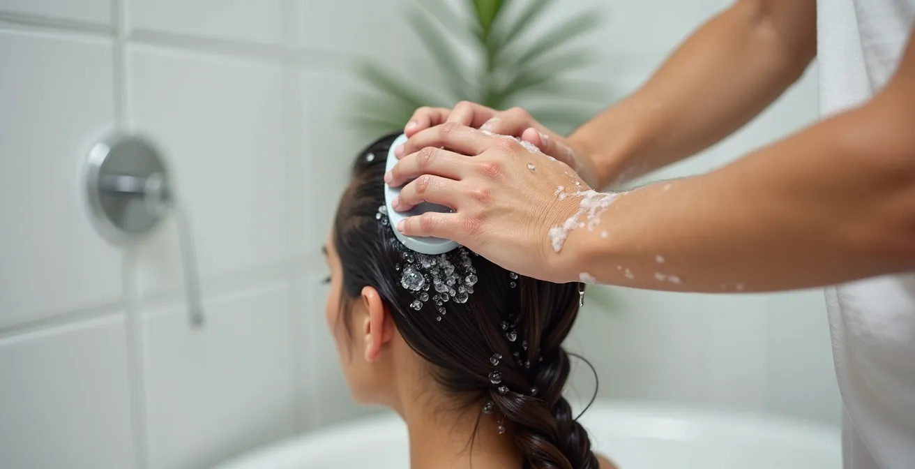 Eine Person verwendet eine Silikonbürste für eine sanfte Kopfhautmassage unter der Dusche.