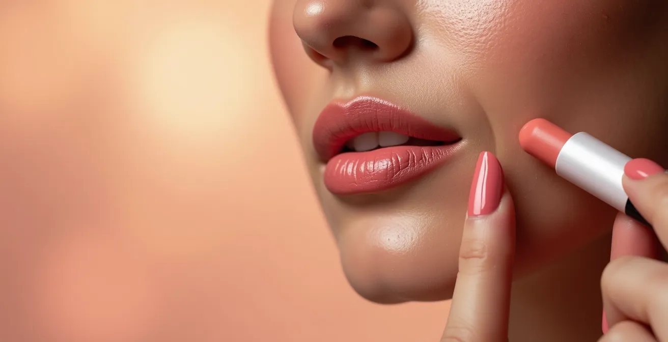 Nahaufnahme der Tupftechnik mit cremigem Lippenstift auf den Wangen