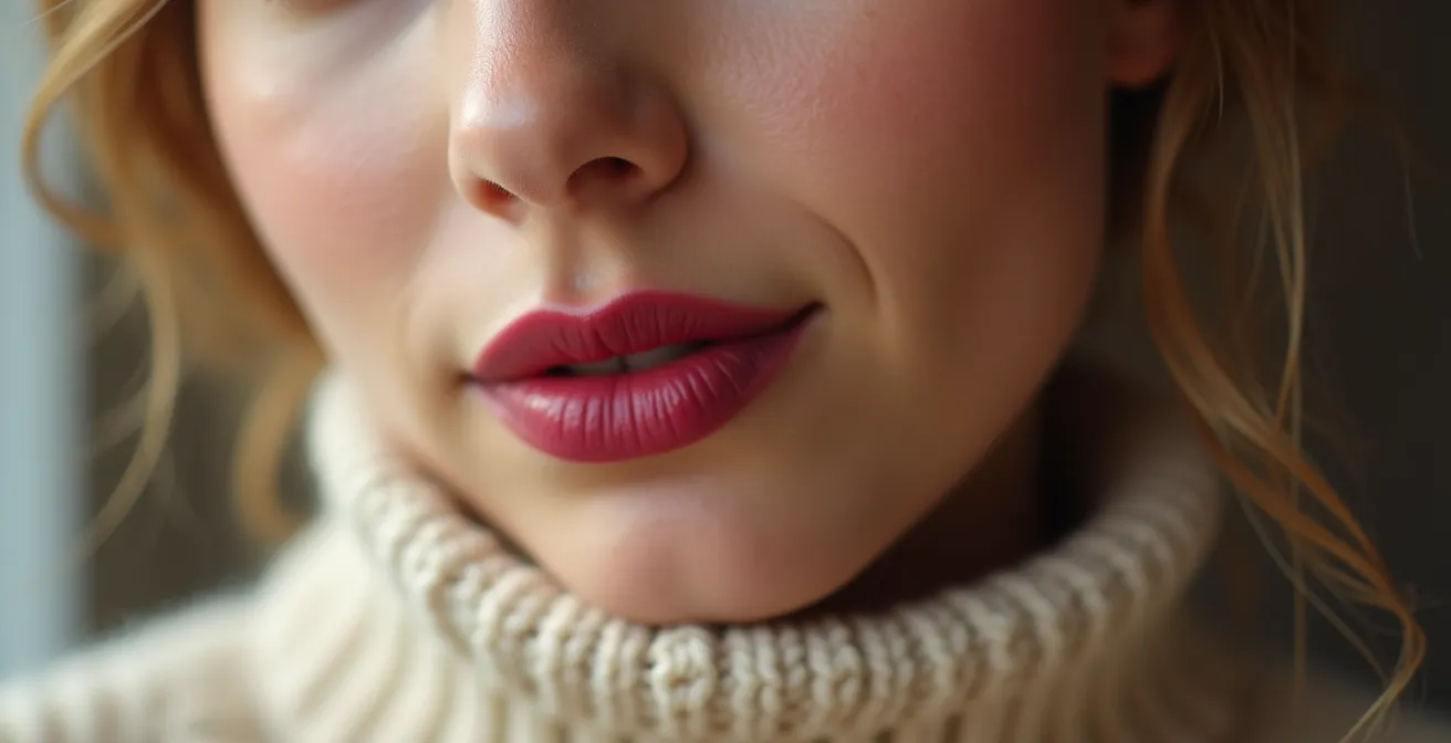 Farbkontrast zwischen Lippenstift und beigem Pullover