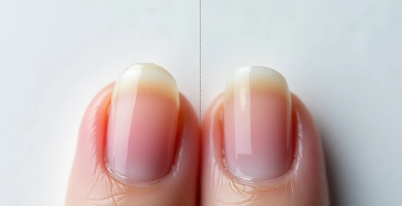 Mikroskopaufnahme einer ausgefransten Nagelkante durch falsche Feiltechnik